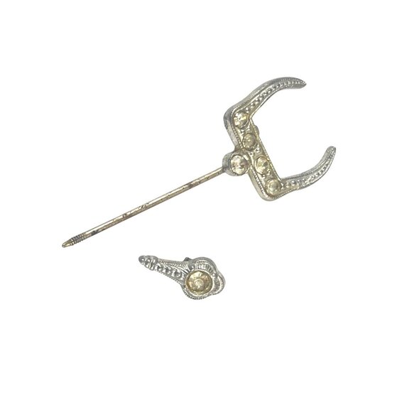 Antique Silver Tone Stick Pin With Rhinestone Accents & Unique Horned Design - Picture 3 of 6